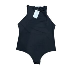 Reoria Womens Black Bodysuit Size XL Stretchy Snap Closure High Neckline NEW